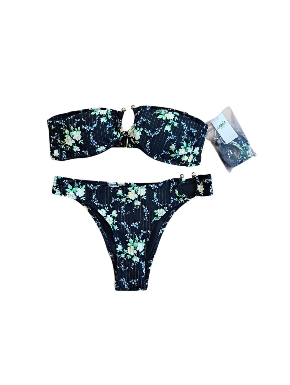Aerie Black Floral Bikini Bandeau Top Cheeky Bottoms Size XS